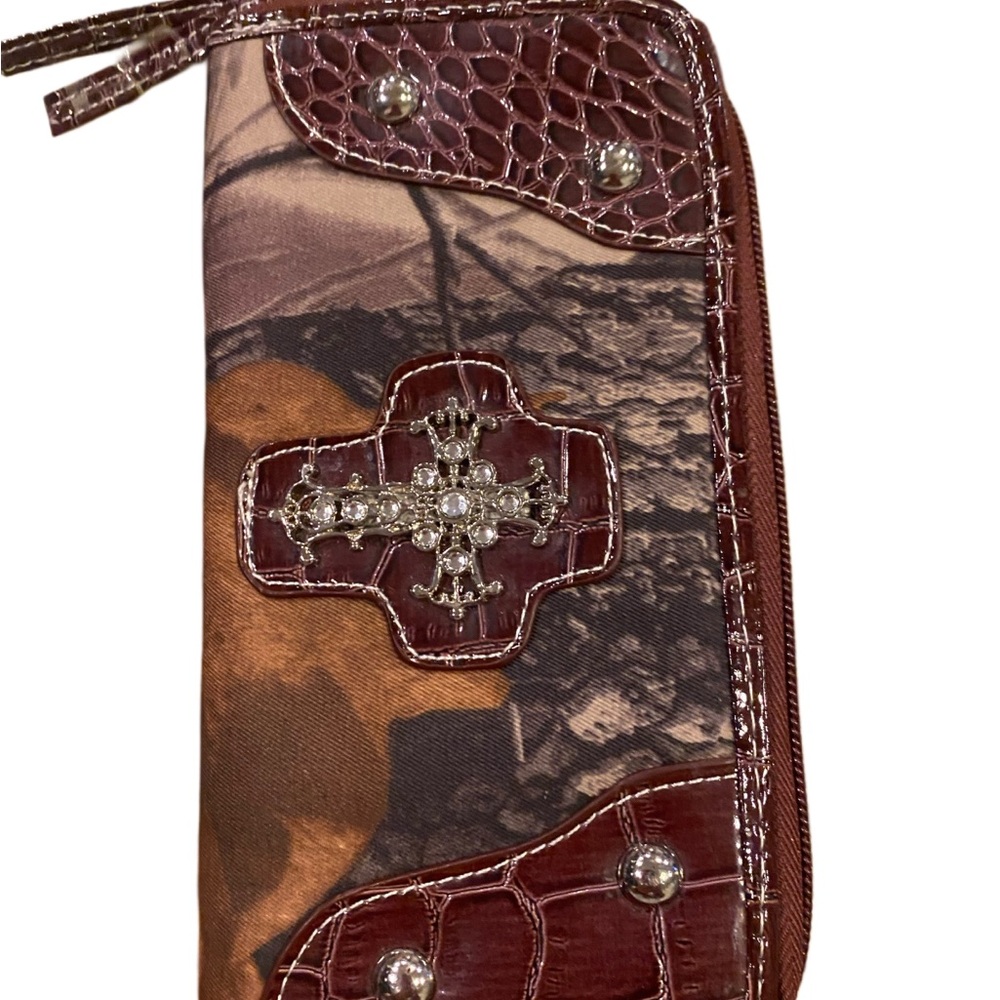 Texas West Camo and Brown Wallet with Cross Accent